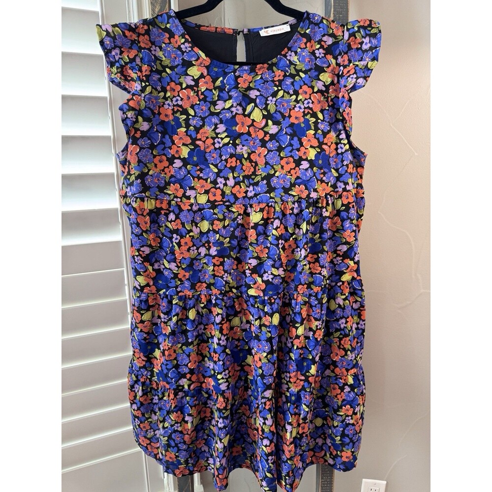 KIRUNDO Size L Multicolor Flowers on Black Tiered Dress NWOT